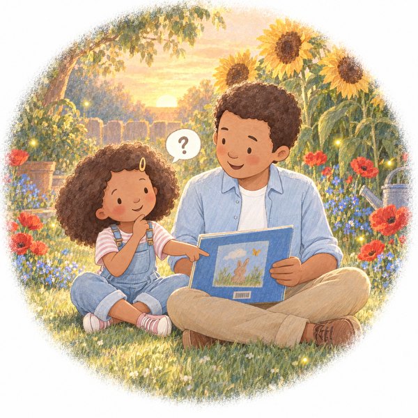Lily and her daddy talk through the questions on the back cover in her garden