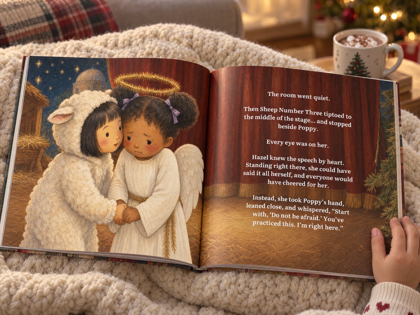 An open copy of God Grows Humility in Me: Hazel, dressed as a sheep, holds Poppy's hands on stage beside the large-print story text