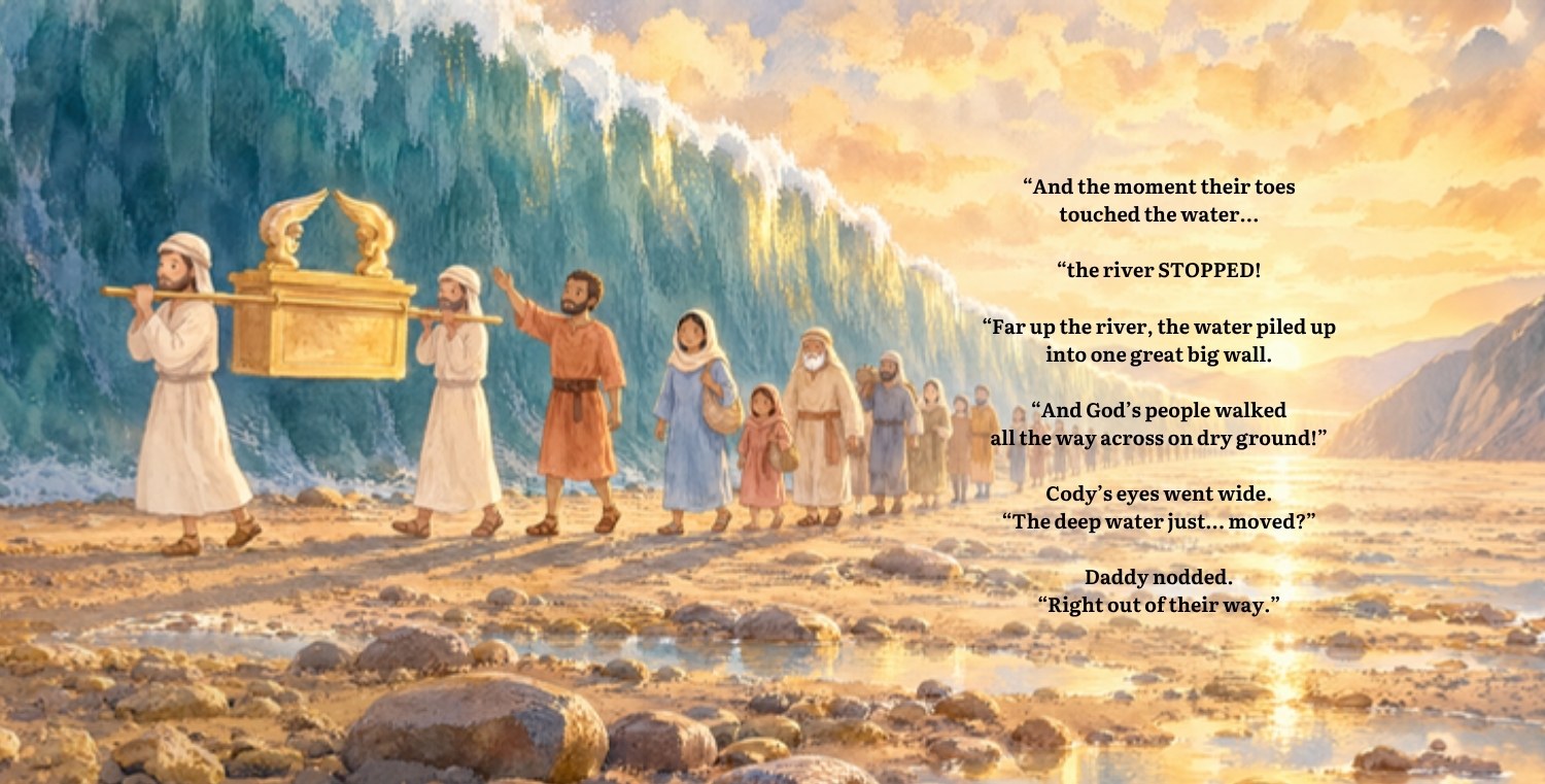 The priests carry the ark as God's people cross the Jordan River on dry ground