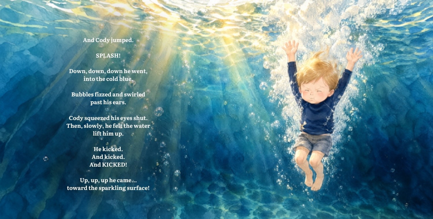 Cody jumps into the deep end in a burst of bubbles