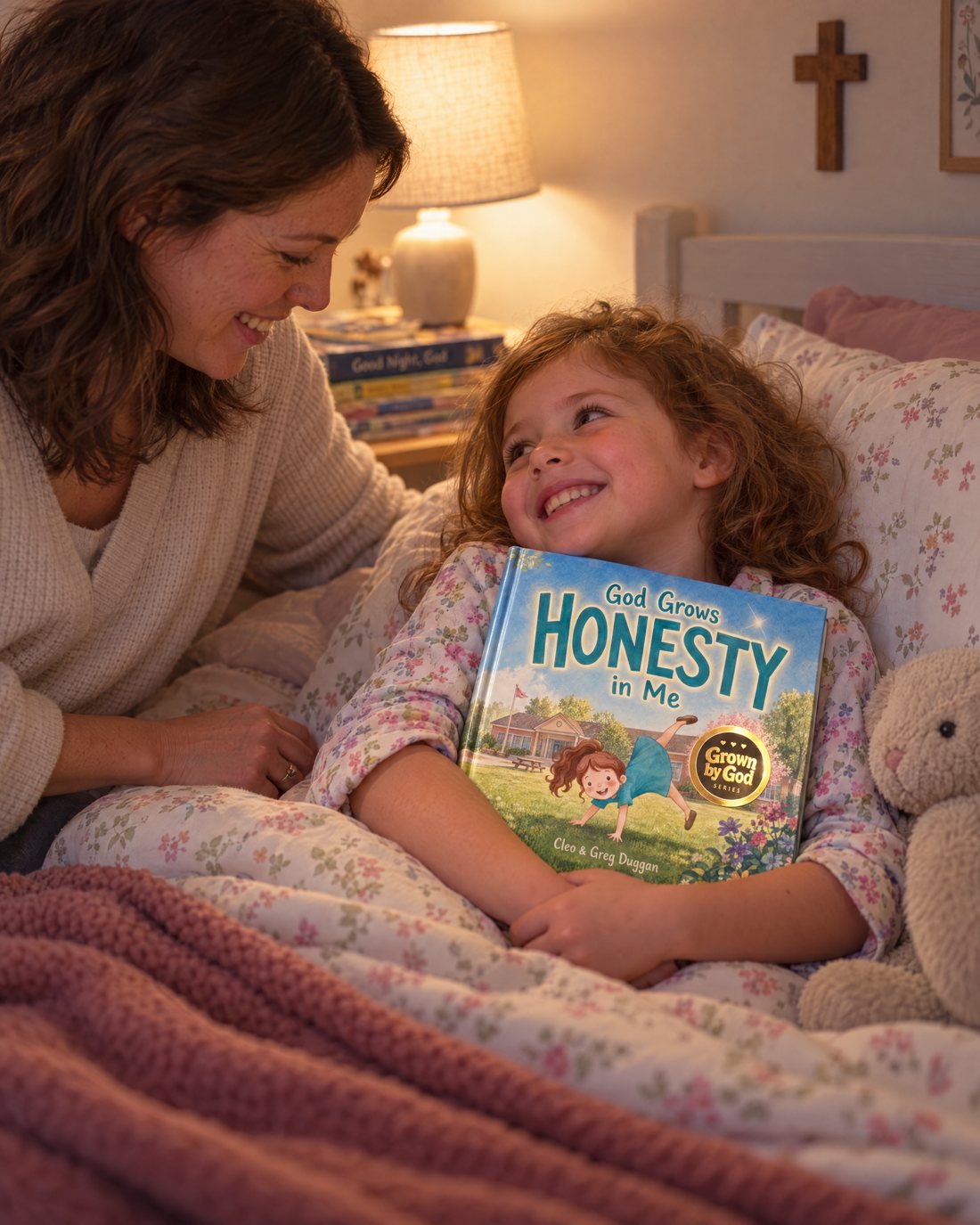 A little girl in bed hugs her copy of God Grows Honesty in Me while her mother smiles