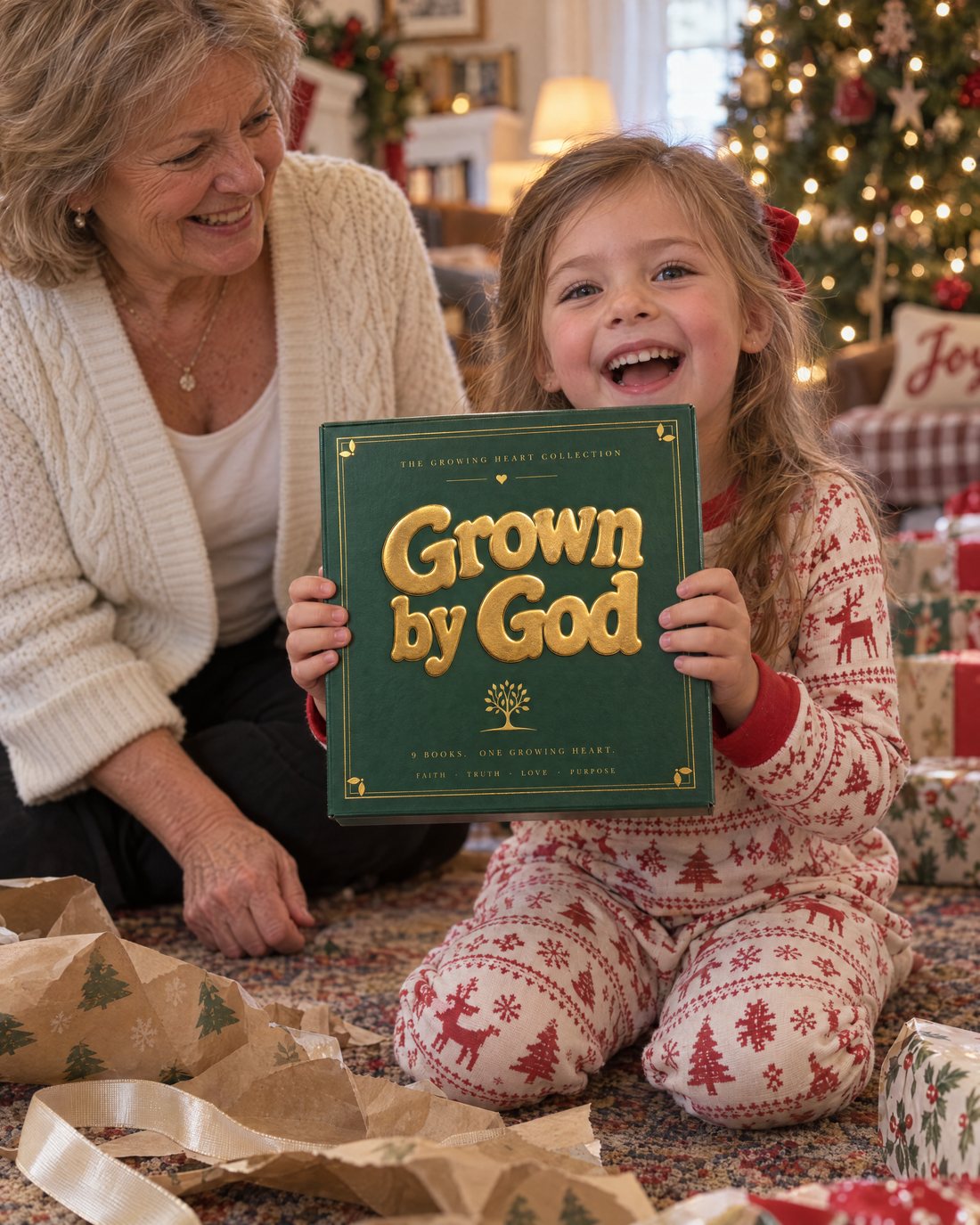 A little girl holds up the Grown by God collection on Christmas morning while her grandmother smiles