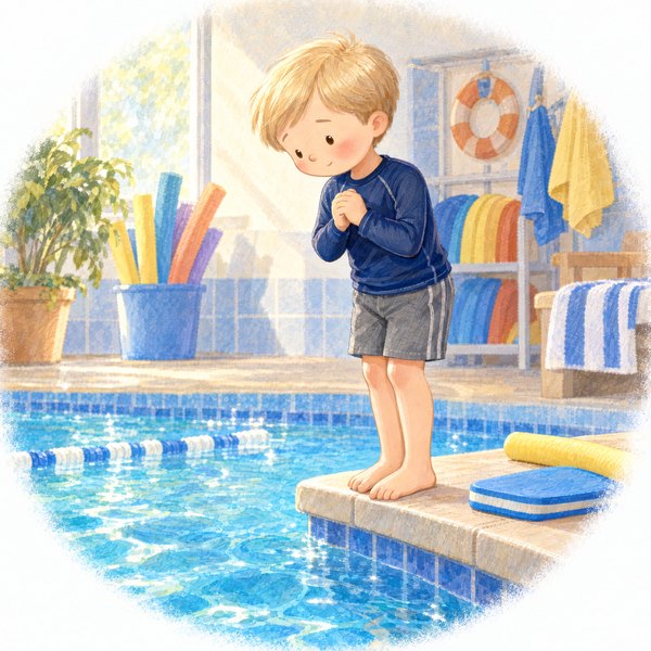 Cody stands nervously at the edge of the swimming pool