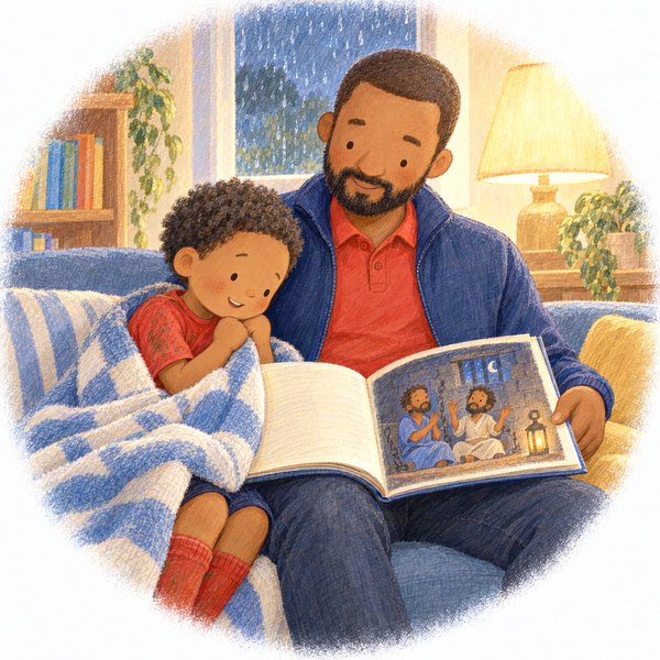 Jude, still muddy from the match, listens as Daddy reads him the story of Paul and Silas