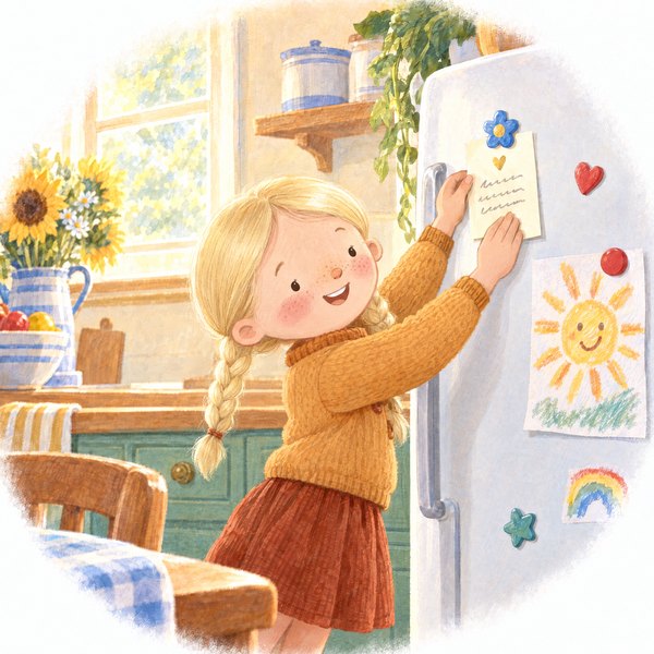Greta sticks her verse card on the fridge