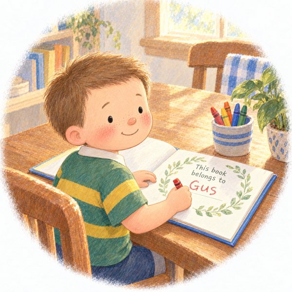 Gus writes his name on the bookplate
