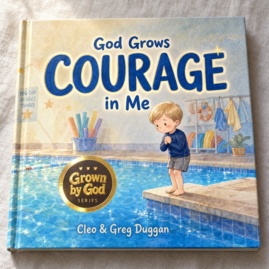Photo of the hardcover God Grows Courage in Me, with its gold-foil Grown by God badge