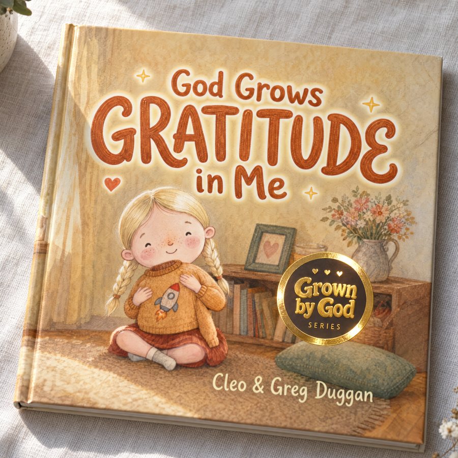 Photo of the hardcover God Grows Gratitude in Me, with its gold-foil Grown by God badge