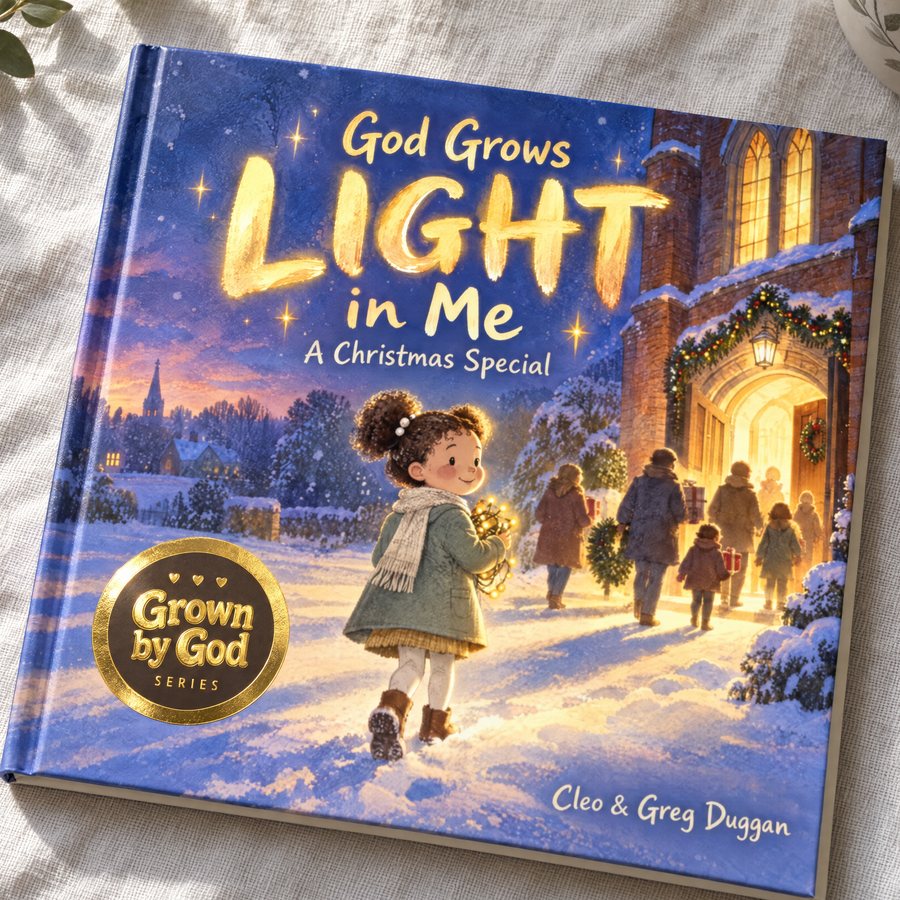 Photo of the hardcover God Grows Light in Me: A Christmas Special, with its gold-foil Grown by God badge