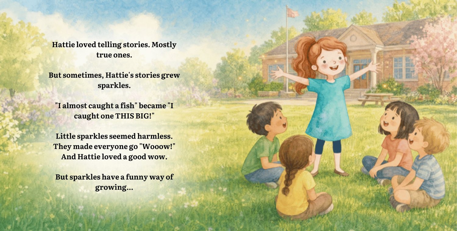 Hattie tells a story in the playground while her friends gasp
