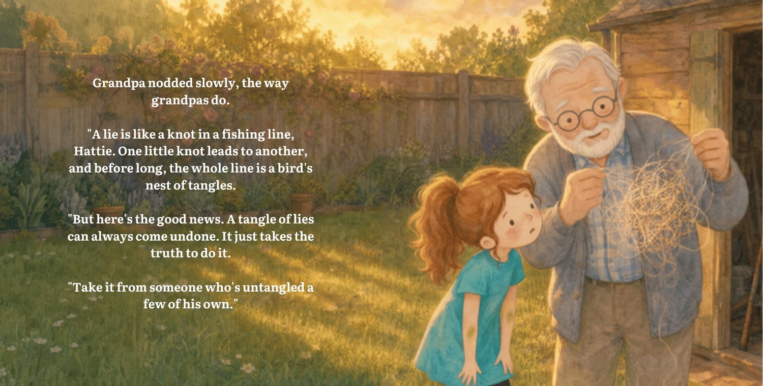 Grandpa holds up a tangled fishing line for Hattie
