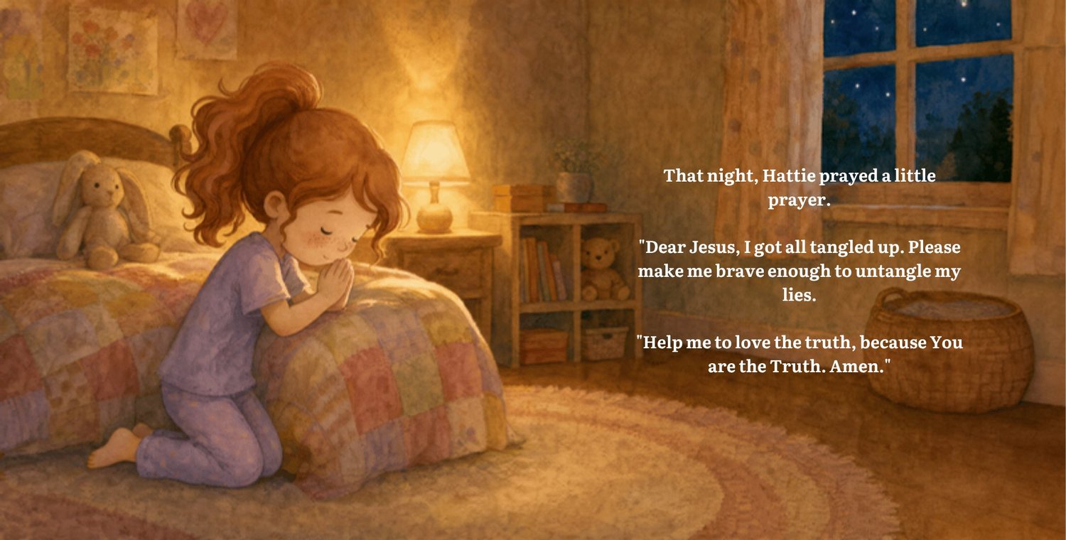 Hattie kneels by her bed to pray